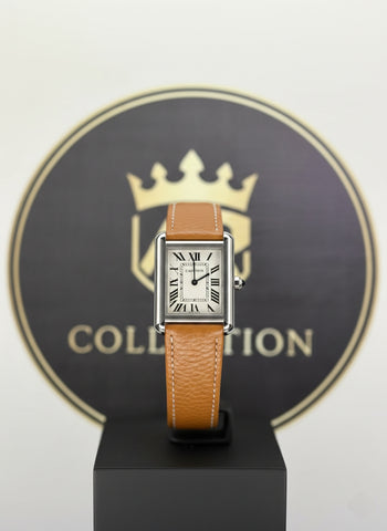 Cartier Tank style watch Blue leather strap white dial Roman numerals