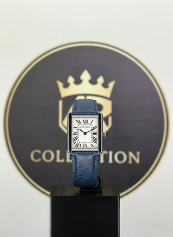 Cartier Tank style watch blue leather strap white dial Roman numerals