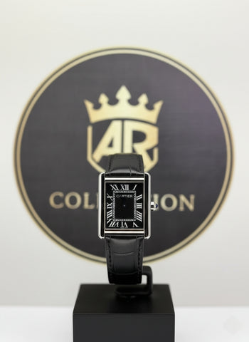 Cartier Tank style watch Black leather strap Black dial Roman numerals