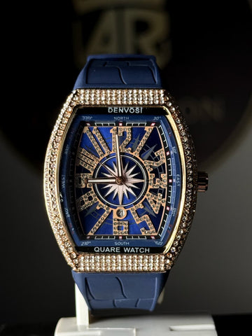 Franck Muller style FM diamond luxury men’s watch with crystal bezel and blue strap