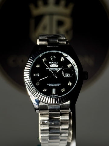 Rolex Day-Date black dial silver stainless steel watch